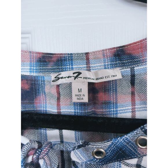 Seven 7 Flannel Plaid Relaxed Blouse Tartan Viscose Bell Sleeve Medium Boho Fall - Picture 3 of 6